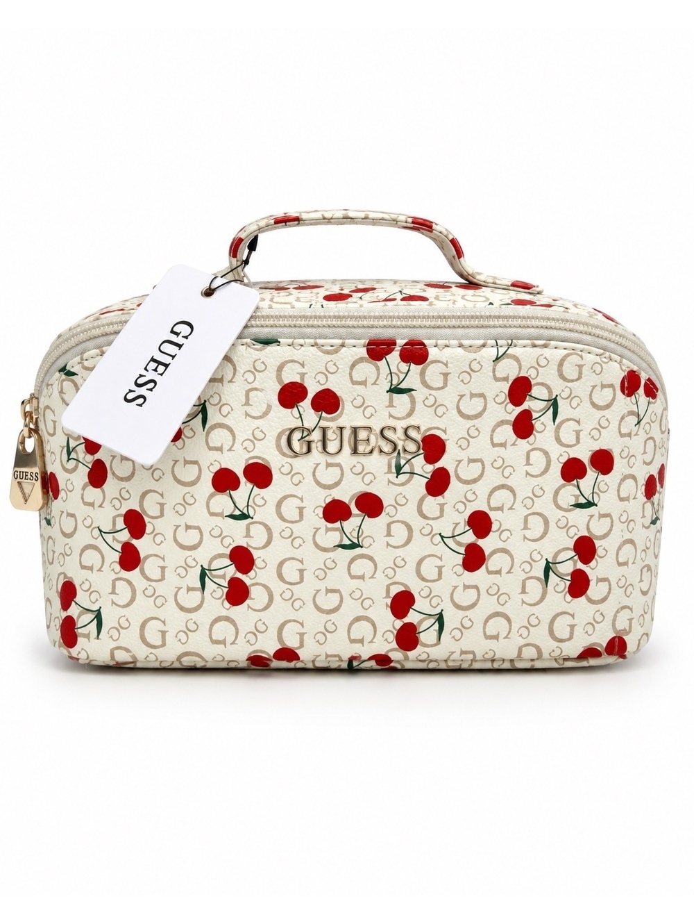 GUESS Cherry Print Cosmetic Vanity Case White Red Monogram NWT Travel Bag